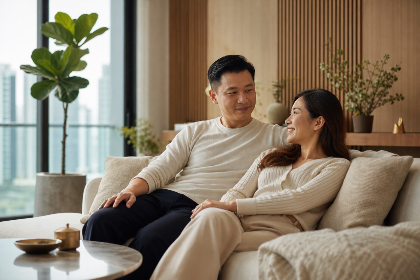 Asian couple relaxing together in a harmonious modern Singapore home